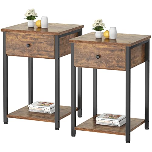 Ecoprsio Nightstand Set of 2 Industrial End Table Side Table with Drawer and Storage Shelf Wood Night Stand Rustic Bedside Table for Bedroom, Living Room, Sofa Couch, Hall, Easy Assembly