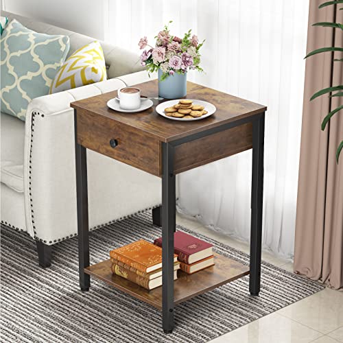 Ecoprsio Nightstand Set of 2 Industrial End Table Side Table with Drawer and Storage Shelf Wood Night Stand Rustic Bedside Table for Bedroom, Living Room, Sofa Couch, Hall, Easy Assembly