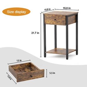 Ecoprsio Nightstand Set of 2 Industrial End Table Side Table with Drawer and Storage Shelf Wood Night Stand Rustic Bedside Table for Bedroom, Living Room, Sofa Couch, Hall, Easy Assembly