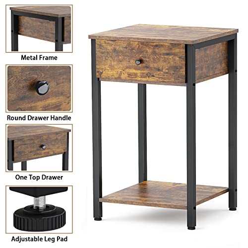 Ecoprsio Nightstand Set of 2 Industrial End Table Side Table with Drawer and Storage Shelf Wood Night Stand Rustic Bedside Table for Bedroom, Living Room, Sofa Couch, Hall, Easy Assembly