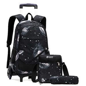 3pcs black galaxy rolling backpacks for boys middle school bags trolley elementary bookbags on 6 wheels