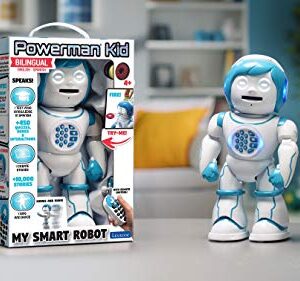 LEXIBOOK Powerman Kid - Educational and Bilingual English/Spanish Robot - Walking Talking Dancing Singing Toy - STEM Programmable Telling Creating Stories - Quizzes Shooting Discs for Kids - ROB90US