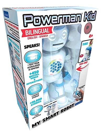 LEXIBOOK Powerman Kid - Educational and Bilingual English/Spanish Robot - Walking Talking Dancing Singing Toy - STEM Programmable Telling Creating Stories - Quizzes Shooting Discs for Kids - ROB90US