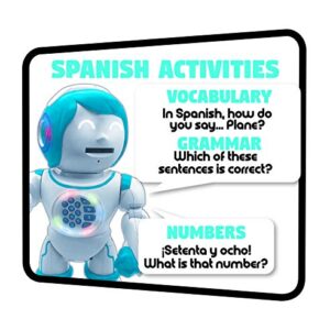 LEXIBOOK Powerman Kid - Educational and Bilingual English/Spanish Robot - Walking Talking Dancing Singing Toy - STEM Programmable Telling Creating Stories - Quizzes Shooting Discs for Kids - ROB90US