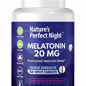 Nature's Perfect Night | Melatonin 20mg | 180 Quick Dissolve Tablets | Natural Mixed Berry Flavor |High Potency | Sugar Free | Vegan | Gluten Free | Value Size