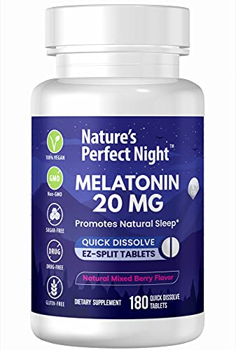 Nature's Perfect Night | Melatonin 20mg | 180 Quick Dissolve Tablets | Natural Mixed Berry Flavor |High Potency | Sugar Free | Vegan | Gluten Free | Value Size