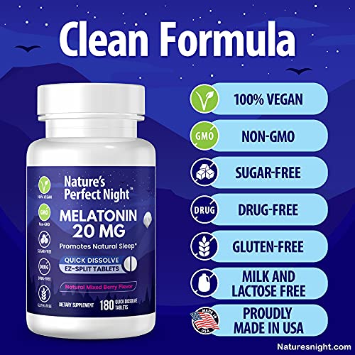 Nature's Perfect Night | Melatonin 20mg | 180 Quick Dissolve Tablets | Natural Mixed Berry Flavor |High Potency | Sugar Free | Vegan | Gluten Free | Value Size