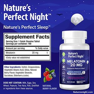 Nature's Perfect Night | Melatonin 20mg | 180 Quick Dissolve Tablets | Natural Mixed Berry Flavor |High Potency | Sugar Free | Vegan | Gluten Free | Value Size