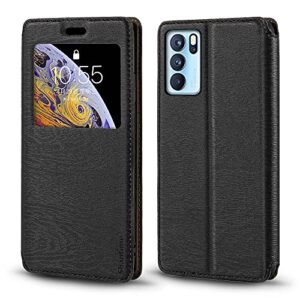 shantime oppo reno 6 pro 5g case, wood grain leather case with card holder and window, magnetic flip cover for oppo reno 6 pro 5g black