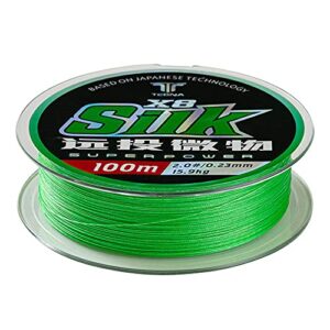 green braided fishing line, highly abrasion resistant braided lines, thin diameter, zero stretch, zero memory, easy casting, great knot strength, color fast (110yds- 0.25mm -39lb)