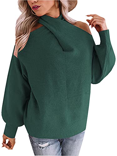 Angashion Women's Sweaters Casual Off Shoulder Tops Crossed V- Neck Long Sleeve Crop Halter Pullover Dark Green Medium