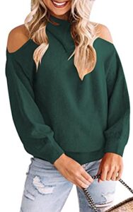 angashion women's sweaters casual off shoulder tops crossed v- neck long sleeve crop halter pullover dark green medium