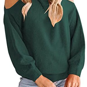 Angashion Women's Sweaters Casual Off Shoulder Tops Crossed V- Neck Long Sleeve Crop Halter Pullover Dark Green Medium