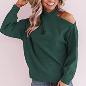 Angashion Women's Sweaters Casual Off Shoulder Tops Crossed V- Neck Long Sleeve Crop Halter Pullover Dark Green Medium