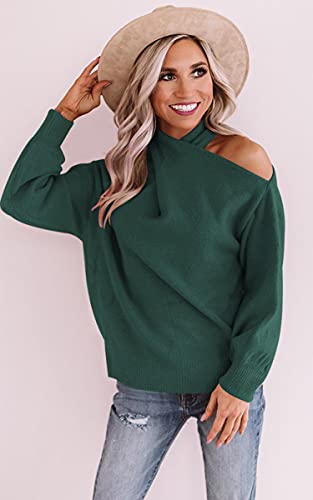 Angashion Women's Sweaters Casual Off Shoulder Tops Crossed V- Neck Long Sleeve Crop Halter Pullover Dark Green Medium