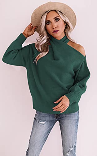 Angashion Women's Sweaters Casual Off Shoulder Tops Crossed V- Neck Long Sleeve Crop Halter Pullover Dark Green Medium