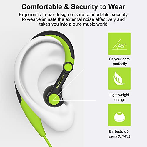 mucro Sport Running Earbuds, Wired Over Ear in-Ear Earbuds, Earhook Earphones, Headphones with Microphone for iPhone iPod Android Phone (Green)