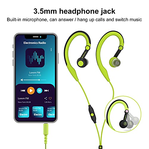 mucro Sport Running Earbuds, Wired Over Ear in-Ear Earbuds, Earhook Earphones, Headphones with Microphone for iPhone iPod Android Phone (Green)