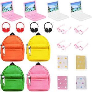 20 pieces doll travel accessories include mini laptop scene simulation doll backpack bag with zipper mini headsets toy sunglasses mini book for 1/12 1/6 scale dolls house decoration (elegant style)