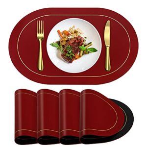 anunu faux leather placemats set of 4 - double-sided color oval design dining table mats waterproof washable heat resistant indoor outdoor home decor kitchen table placemats wine red + black