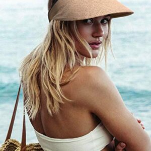 FURTALK Hat Straw Sun Visors for Women Summer Packable Ponytail Beach Hats for Travel UPF 50+ (Wide Brim Khaki, One Size)