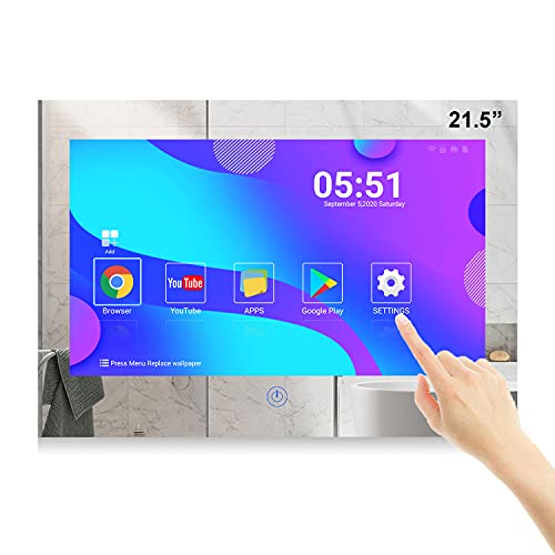 Haocrown 21.5 inch Bathroom TV Touchscreen IP66 Waterproof Smart Mirror TV for Bathroom with Android 11.0 System & 500 High-Brightness Built-in HDTV(ATSC) Tuner, Wi-Fi Bluetooth(Nearly New)