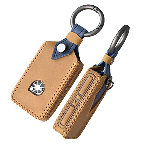 HIBEYO Leather Smart Key Fob Case Compatible with Volvo XC40 XC60 XC90 S90 V90 Car Key Fob Cover Remote Keyless Entry Full Protection Shell 2019 2021 Keychains Auto Accessories Holder Protector-Brown