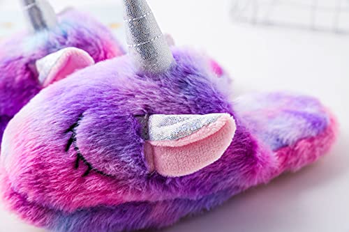 Kids Unicorn Slippers with Rubber Soles for Boys Girls Home Plush Shoes Indoor Anti Slip Cute Warm Purple X24