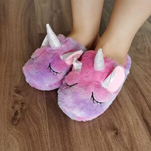 Kids Unicorn Slippers with Rubber Soles for Boys Girls Home Plush Shoes Indoor Anti Slip Cute Warm Purple X24