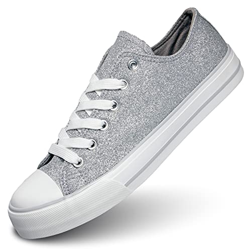 Womens Shoes Low Top Lace Up Canvas Sneakers Casual Fashion Running Lightweight Breathable Low Cut Comfortable Canvas Shoes for Walking Glitter Silver