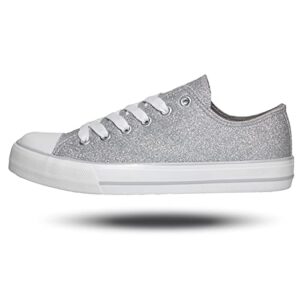 Womens Shoes Low Top Lace Up Canvas Sneakers Casual Fashion Running Lightweight Breathable Low Cut Comfortable Canvas Shoes for Walking Glitter Silver