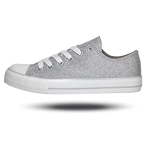 Womens Shoes Low Top Lace Up Canvas Sneakers Casual Fashion Running Lightweight Breathable Low Cut Comfortable Canvas Shoes for Walking Glitter Silver