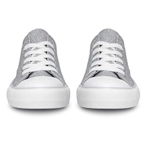 Womens Shoes Low Top Lace Up Canvas Sneakers Casual Fashion Running Lightweight Breathable Low Cut Comfortable Canvas Shoes for Walking Glitter Silver