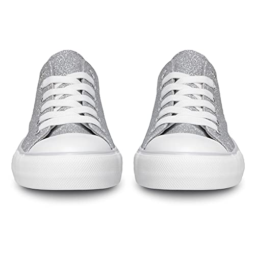 Womens Shoes Low Top Lace Up Canvas Sneakers Casual Fashion Running Lightweight Breathable Low Cut Comfortable Canvas Shoes for Walking Glitter Silver