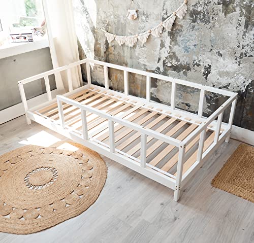 BUSYWOOD Montessori Frame Bed - Home and Bedroom Decor Furniture - Montessori Bed with Fence in Playroom - Full Size Bed Frame - Kids Bed - Toddler Bed Frame (Model 10, Bed with Legs and Slats)