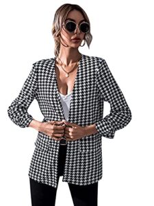 milumia women's elegant open front houndstooth ruched sleeve work blazer suit outerwear black and white x-small