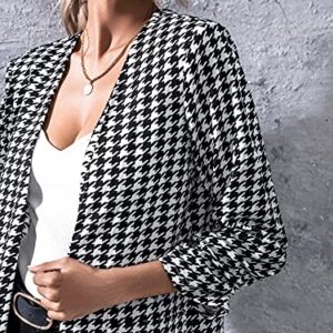 Milumia Women's Elegant Open Front Houndstooth Ruched Sleeve Work Blazer Suit Outerwear Black and White X-Small