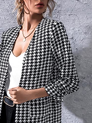 Milumia Women's Elegant Open Front Houndstooth Ruched Sleeve Work Blazer Suit Outerwear Black and White X-Small