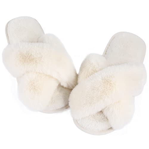 Ankis Women White Fuzzy Fluffy Slippers Soft Cozy Plush Memory Foam Open Toe Slippers for Bedroom, Comfy Cross Band Slippers for Womens House Indoor Size 5 6