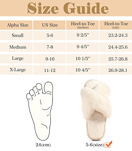 Ankis Women White Fuzzy Fluffy Slippers Soft Cozy Plush Memory Foam Open Toe Slippers for Bedroom, Comfy Cross Band Slippers for Womens House Indoor Size 5 6