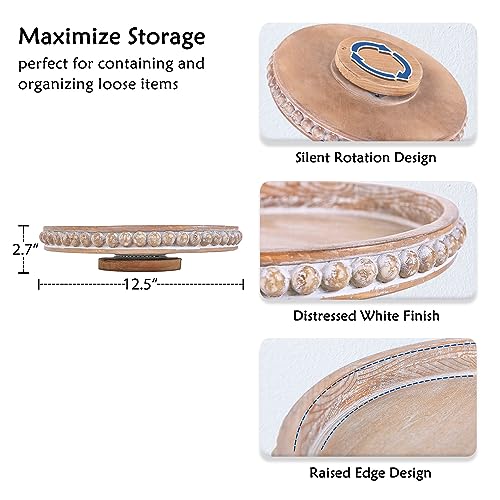 NIKKY HOME 12 Inch Turntable Lazy Susan Organizer for Cabinet Pantry Kitchen Countertop Refrigerator Cupboard, Wood Beaded Decorative Serving Tray Spice Organizer, Distressed White