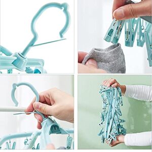 Radefasun Clip and Drip Hanger with 32 Clips Plastic Swivel Hook Portable Folding Drying Rack Baby Clothes Hanger Foldable Travel Accessories for Socks Bras Lingerie Towels Underwear Gloves (Blue, 32)