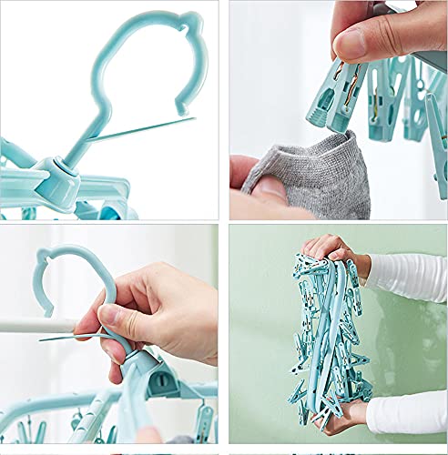 Radefasun Clip and Drip Hanger with 32 Clips Plastic Swivel Hook Portable Folding Drying Rack Baby Clothes Hanger Foldable Travel Accessories for Socks Bras Lingerie Towels Underwear Gloves (Blue, 32)