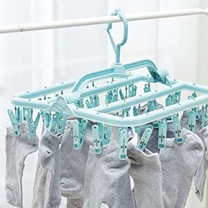 Radefasun Clip and Drip Hanger with 32 Clips Plastic Swivel Hook Portable Folding Drying Rack Baby Clothes Hanger Foldable Travel Accessories for Socks Bras Lingerie Towels Underwear Gloves (Blue, 32)