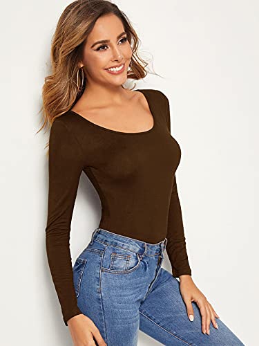 SweatyRocks Women's Long Sleeve Scoop Neck Basic Solid Slim fit Tee Shirt Top Solid Brown XL