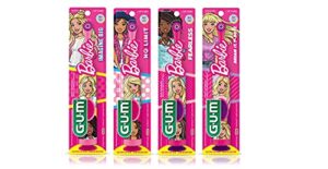 gum barbie kids power electric toothbrush with suction cup base for home or travel oral health and dental plaque removal, ages 3+, pack of all 4