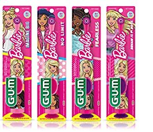 GUM Barbie Kids Power Electric Toothbrush with Suction Cup Base for Home or Travel Oral Health and Dental Plaque Removal, Ages 3+, Pack of All 4