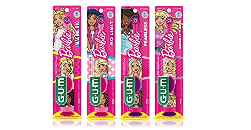 GUM Barbie Kids Power Electric Toothbrush with Suction Cup Base for Home or Travel Oral Health and Dental Plaque Removal, Ages 3+, Pack of All 4