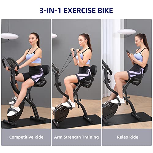 Foldable Exercise Bike, Sportneer 2023 New Version 3 in 1 Resistance Stationary Bike with 16 Level Magnetic, Indoor Cycling Bike with PVC Floor Mat, Folding Workout Bike, Versatile LCD Screen, Heart Rate Grip