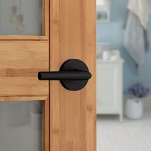 Kwikset Milan Interior Privacy Door Handle with Lock, Door Lever For Bathroom and Bedroom, Matte Black Reversible Keyless Push Button Lock Door Lever